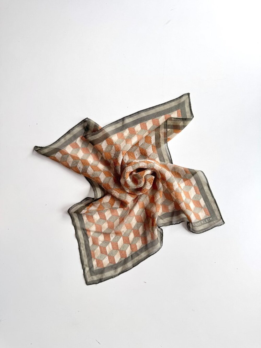 Vintage ANNE KLEIN Brown Green Geometric Silk Georgette 19" x 19" Square Scarf